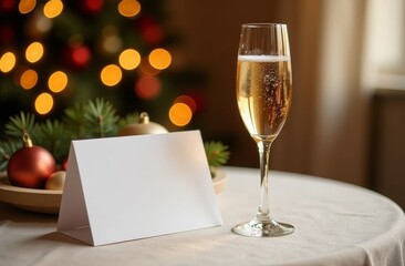 Celebratory drink and blank card on a festive table with a Christmas tree in the background during a cozy winter gathering