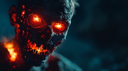 A close-up portrait of a zombie with glowing red eyes, symbolizing the undead, horror, fear, death, and the afterlife.