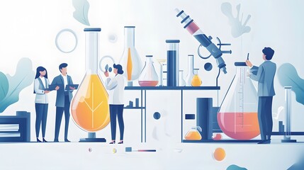 Poster - Scientists Working in a Laboratory with Chemical Flasks and Equipment