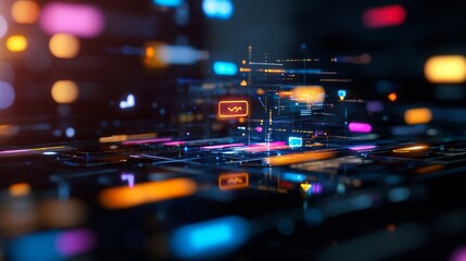 Poster - A futuristic technology interface with holographic app icons, showcasing the digital landscape of the future. The image represents innovation, connectivity, and the power of digital tools.