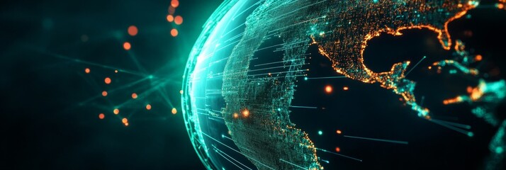 Poster - A futuristic representation of global connectivity, showcasing a holographic Earth with vibrant data streams flowing across continents.
