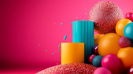 Poster - A vibrant and playful arrangement of 3D shapes in a Y2K inspired style, featuring a grainy gradient texture. The composition includes spheres, cylinders, and geometric forms in a range of bright color