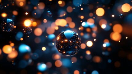 Poster - Abstract background featuring a cluster of reflective spheres with bokeh lights, symbolizing energy, technology, innovation, connectivity, and futuristic design.