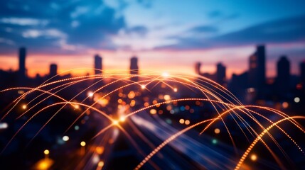Poster - connected cityscape: big data network against sunset skyline symbolizing technology, innovation, con