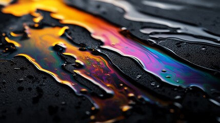 Poster - Iridescent Oil Slick on Dark Surface, a mesmerizing display of colors and textures, symbolizing abstract art, environmental pollution, scientific exploration, reflection, and the beauty of imperfectio