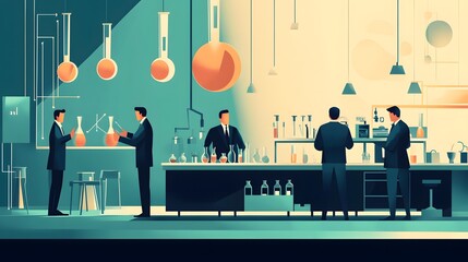 Poster - Men in Suits Observing a Laboratory Setting with Chemical Equipment and Flasks