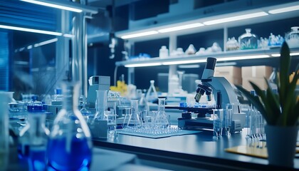 Poster - Modern Laboratory with Microscope and Beaker Samples