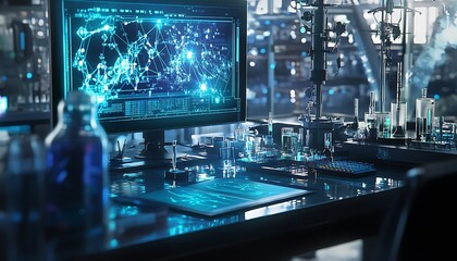 Poster - Futuristic Laboratory Workstation with Network Data Display