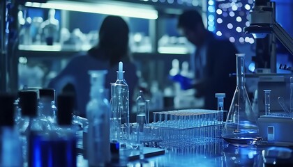 Poster - Close-up of laboratory equipment with blurred scientists in the background