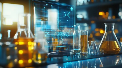 Poster - Glass Beaker and Flasks with Digital Display in a Lab