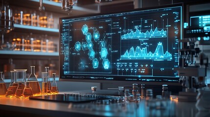Poster - Modern Laboratory with Computer Displaying Data and Chemical Equipment