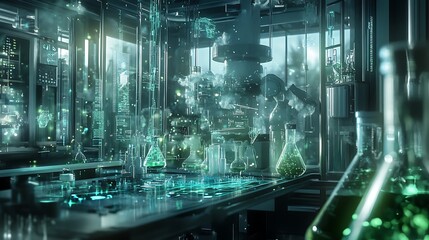 Poster - Futuristic laboratory with glowing green liquids and digital interfaces