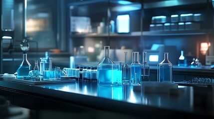 Poster - Blue Liquid in Glass Flasks and Beakers on a Laboratory Countertop