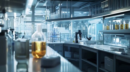 Poster - Modern Laboratory Interior with Glassware and Microscope