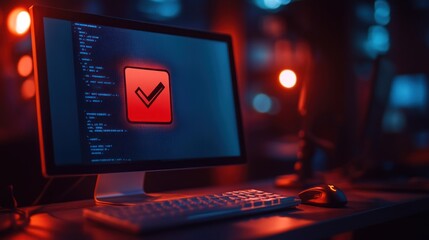 The computer screen displays a blocking message indicating restricted access