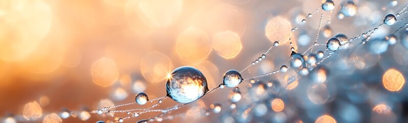 Aufkleber - A close-up of dew drops glistening on delicate strands, illuminated by warm, soft light, creating a dreamy, tranquil ambiance.