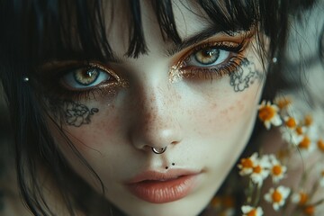 Close-up portrait of a young woman with dark hair, freckles, and elaborate eye makeup.