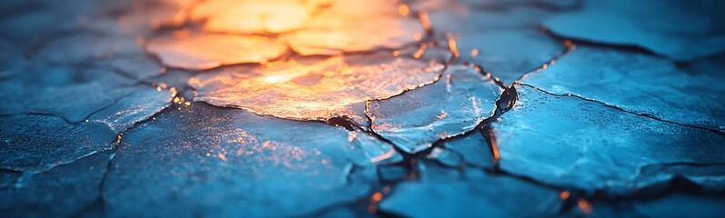 Poster - The image features a close-up view of cracked ice with a gradient of orange and blue tones, capturing a serene yet striking contrast in colors and textures.