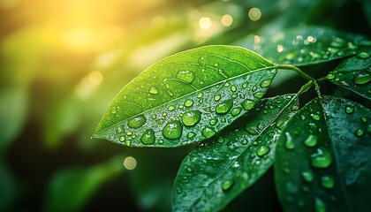 Poster - A close-up of lush green leaves adorned with sparkling droplets of water, illuminated by soft sunlight, creating a refreshing and serene atmosphere.