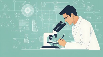 Poster - scientist using a microscope and taking notes in a laboratory setting