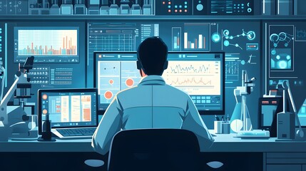 Poster - Scientist working in a laboratory, analyzing data on multiple screens