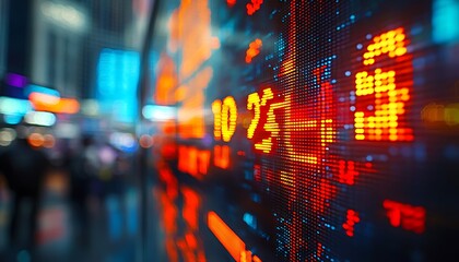 Aufkleber - A vibrant cityscape featuring a digital stock ticker with colorful numbers, showcasing financial data against a nighttime urban backdrop.