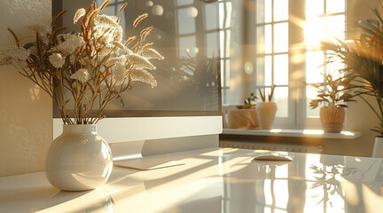 Poster - A desktop white on a cream table, well-lit, bright office background.