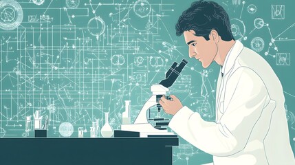 Aufkleber - A Scientist Using a Microscope in a Lab Setting with Drawings on the Wall
