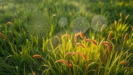 A serene autumn morning scene features a lush green meadow shrouded in fog, dotted with intricately woven spider