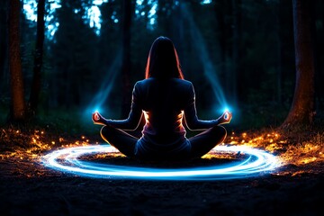 Poster - Fantasy figure meditating in a glowing forest, with ethereal light flowing around them, symbolizing magical mindfulness