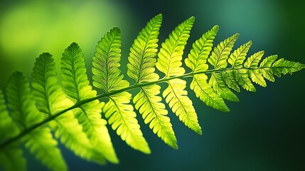 Poster - A vibrant green fern leaf glimmers in soft light, showcasing its delicate fronds and intricate patterns against a blurred, natural background.