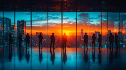 Business people by an office table illustrate networking icons on a blurred backdrop.