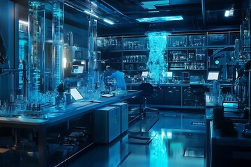 Poster - Futuristic Laboratory with Blue Lighting and Glassware
