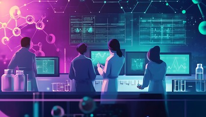 Poster - Scientists examining data on computer screens in a laboratory setting