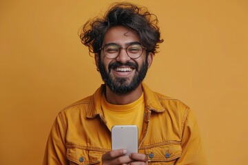 Poster - A happy young Indian man, holding his phone, celebrates winning an online lottery, isolated against a yellow background.