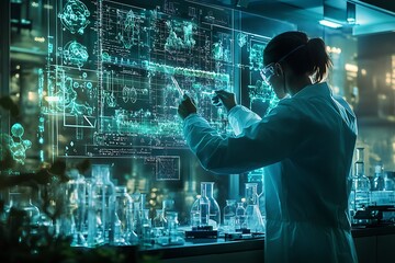 Poster - Scientist in a Lab Coat Examining a Holographic Screen