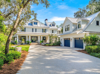 A beautiful, well-organized home with a large driveway in front of it