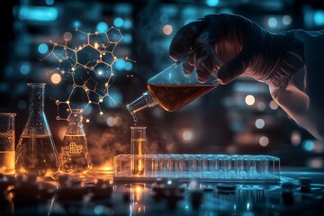 Poster - Scientist pouring liquid into test tubes in a laboratory setting