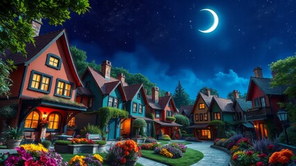 Charming storybook village with colorful cozy houses nested among lush greenery and vibrant flowers, bathed in the soft