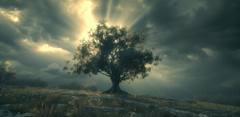 Aufkleber - A tree after a tornado storm, but as the light breaks through the clouds, with lots of hope for the future.