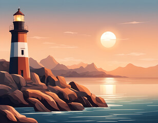 A beautiful ocean bay with hills and mountains and a tall lighthouse against the backdrop background