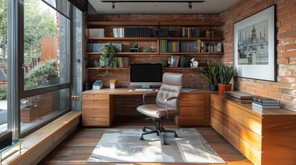 Poster - Home office design in wood storage of bottom storage and wall open unit with metal study table and arm chair wall in red brick.