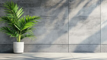 Canvas Print - A potted palm tree stands in front of a large grey wall with sunlight casting shadows.