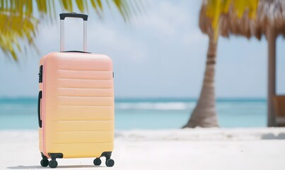 Travel carrier lying on a sunny beach on a summer day, Generative AI