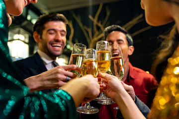 Group of Cheerful People toasting champagne glass celebrating holiday event party together at luxury restaurant bar. Happy man and woman friends enjoy and fun hangout meeting nightlife at nightclub.