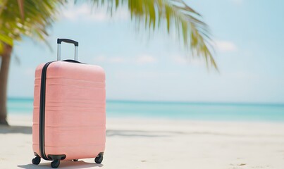 Travel carrier lying on a sunny beach on a summer day, Generative AI