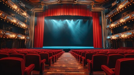 Aufkleber - A luxurious theater auditorium viewed from behind with seats at a higher elevation in the back and lower closer to the stage. The stage is a blank black screen with red curtain pulled back.