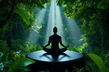 Poster - Figure practicing mindfulness in a quiet forest, surrounded by soft beams of light filtering through the trees, representing peace and focus