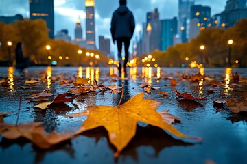 Poster - Figure walking through a park at dusk, surrounded by soft light as they reflect on yesterdayâ€™s moments, with fallen leaves scattering the path