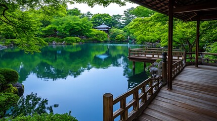 Wooden Deck Overlooking Serene Japanese Garden Pond with Pavilion and Lush Greenery